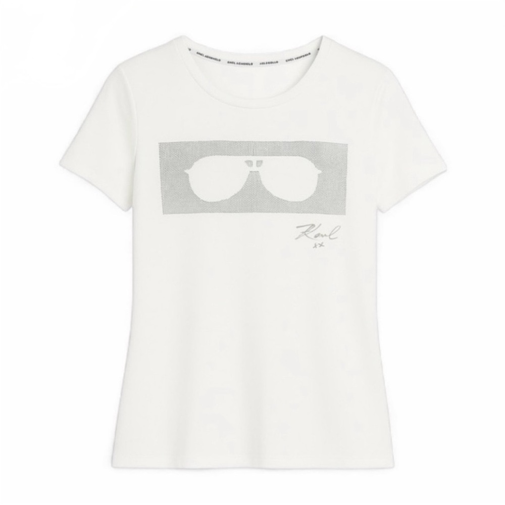 Karl Lagerfeld Paris Rhinestone Sunglasses Tee – White – Size L